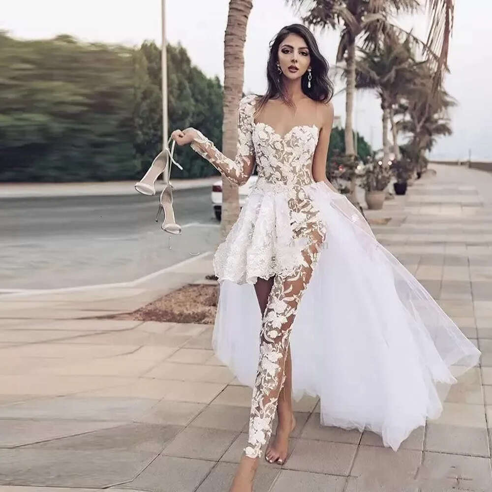 Jumpsuit Dresses Sheath Sweetheart Long Sleeves Tulle Lace Dubai Arabic Wedding Gown Bridal Dress Vestido De Noiva
