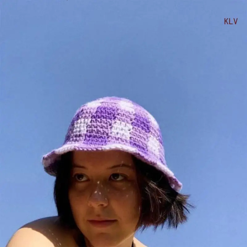 Knit Houndstooth Bucket Hat for Woman Floppy Color Matching Weaving Wide Brim Bucket Hat Teens Autumn Fisherman Hat 240712