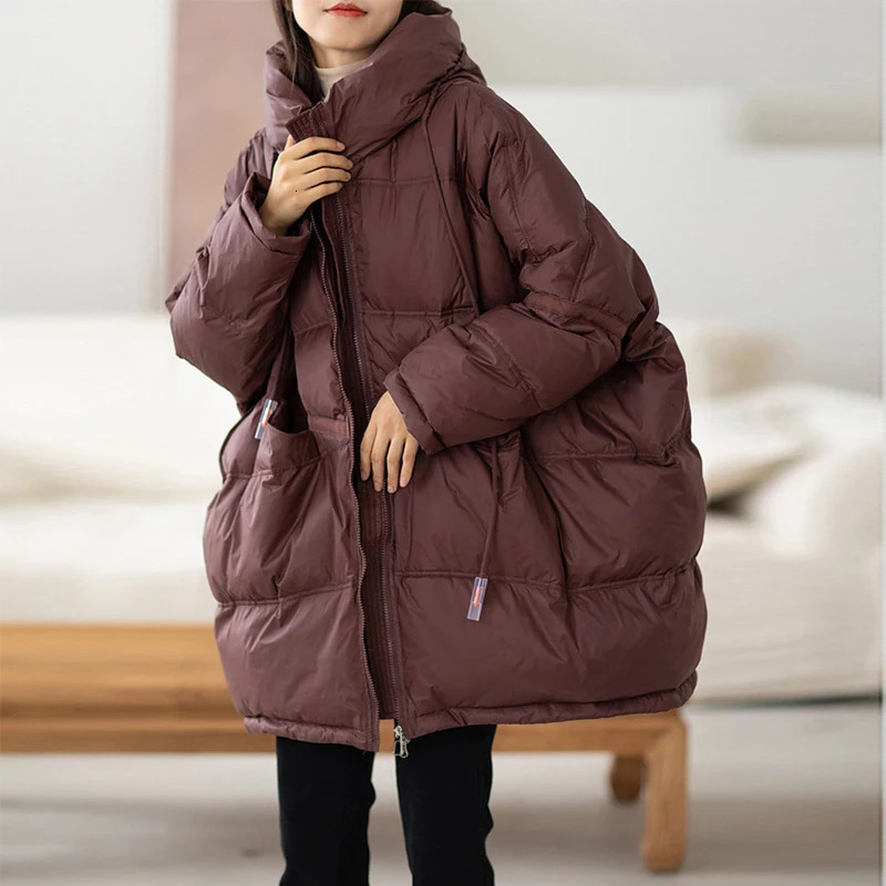 Lagabogy 2024 Winter Women 90% White Duck Down Jacket Casual Loose Over Size Warm Parka Female Drawstring Hooded Puffer Coat 240712
