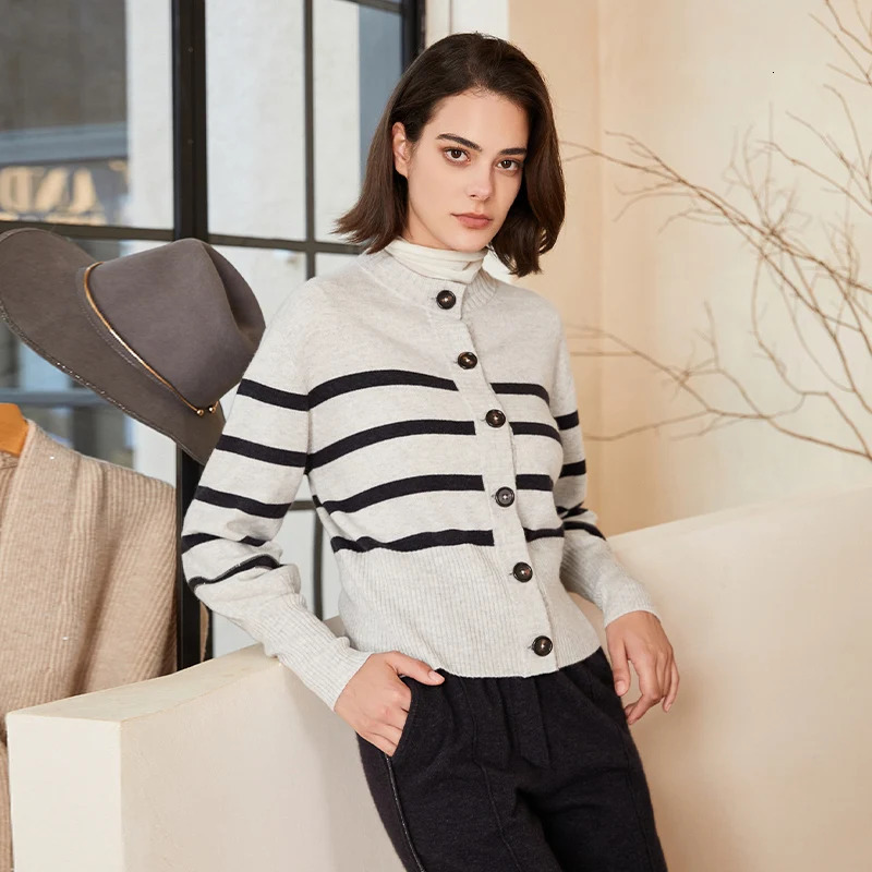 BC-267 Crewneck Single-Breasted Stripe Pure 100% Cashmere Clothes Knit Cardigan For Womens Autumn Sweater 240715