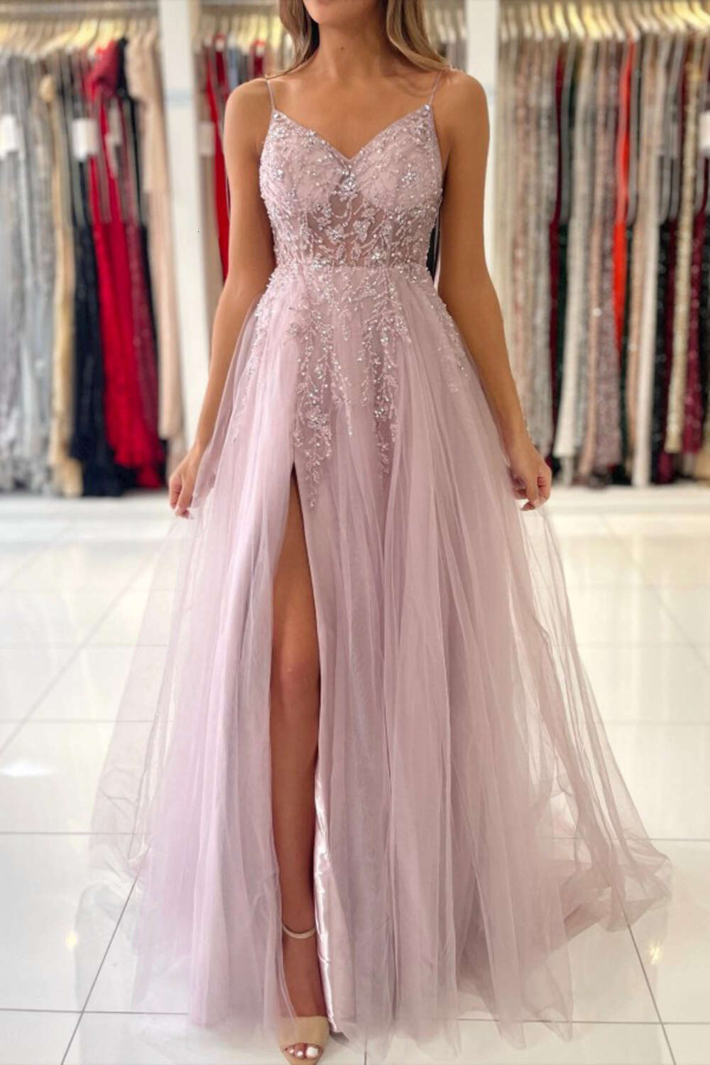 Spaghetti Strap Sparkly Sequined Beadings Evening Dresses For Women 2023 Pink Soft Tulle Party Gown High Split A Line Sleeveless