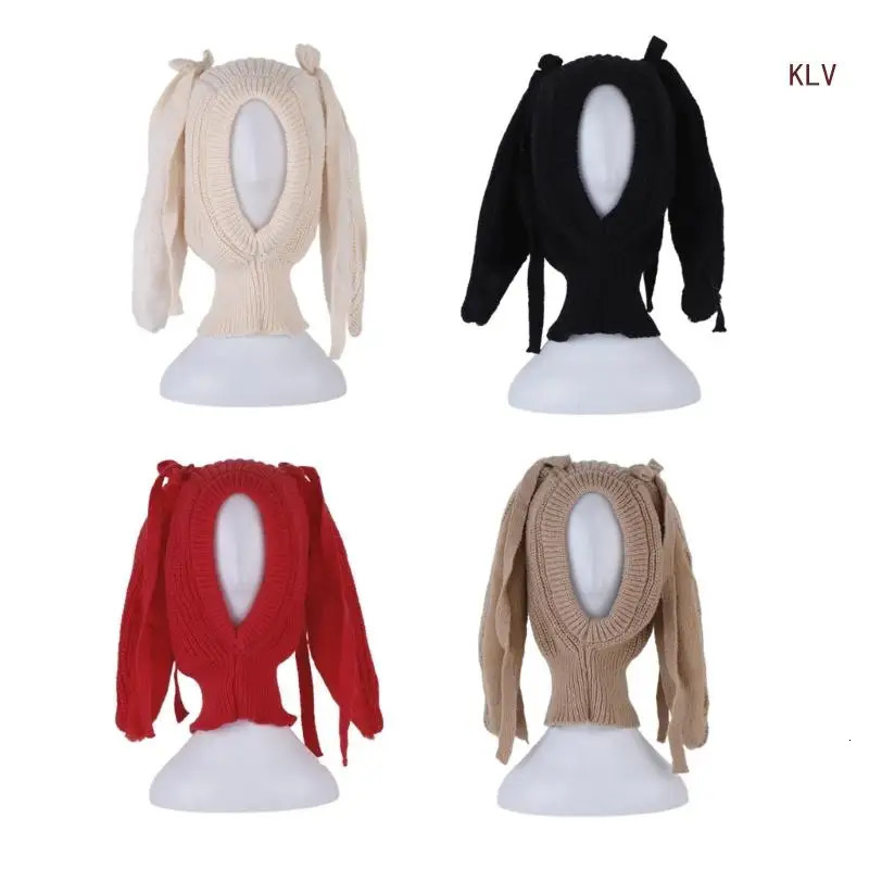 Winter Windproof Balaclava Hat Solid Color Long Rabbit Ears Bow Knit Scarf Collar Hat Earflap Bomber Hat for Women 240712
