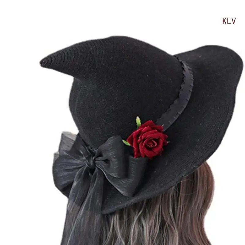 Halloween Witch Cap Wizard Hat Punk Bowknot Rose Hat Costume Headwear Lady Festival Headdress 240712