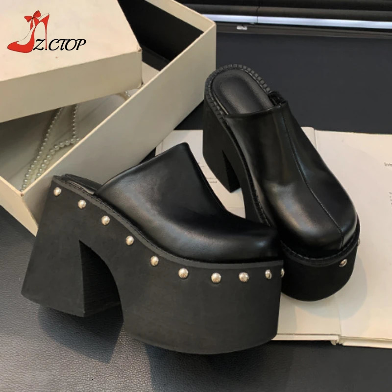 Womens platform sandals black Gothic closed toe bulky high heels slider rivet slider Y2k punk shoes womens summer size 41 42 240719 - view 6