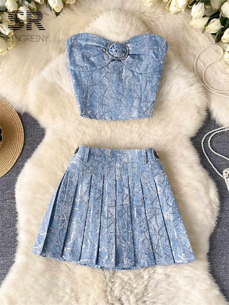 SINGREINY American Vintage Denim 2pcs Suits Women Sexy Ruched Strapless CamisoleSequins Pleated Skirt Shiny Lurex 2pcs Set 240708
