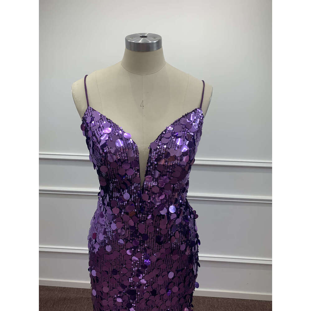 Sparkly Purple Sequined Evening Dresses Sexy V Neck High Slit Mermaid Spaghetti Straps Backless Prom Gowns Formal Party Vestidos
