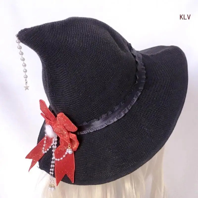 Halloween Witch Cap Wizard Hat Punk Knit Bowknot Hat Costume Headwear Lady Festival Headdress 240712