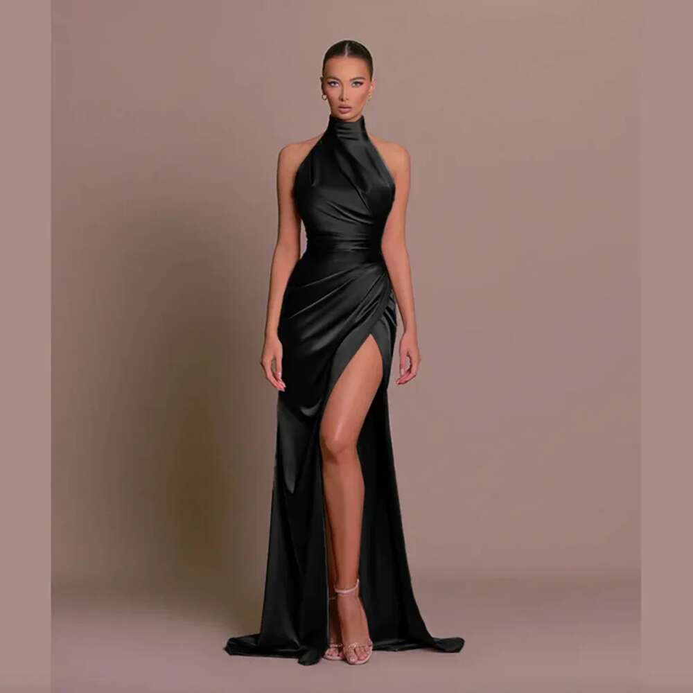 Elegant Halter Evening Dresses For Women Satin Sexy High Split Ruched Bust Waist Pleat Prom Celebrity Party Gowns Robe De Soiree