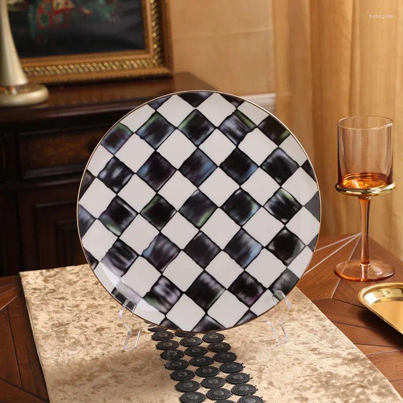 Plates 3Pcs Vintage Checkerboard Bone China Set 6Inch 8Inch 10Inch Porcelain Dinner Serving Dishes Kitchen Restaurant Dinnerware B5