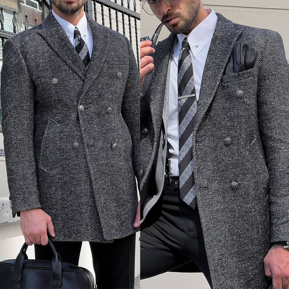 Autumn Gray Men Suits Thick Wool Custom Made Double Breasted Tuxedos Peaked Lapel Blazer Back Vent Business High Quality Popular Cheap Price Long Coat