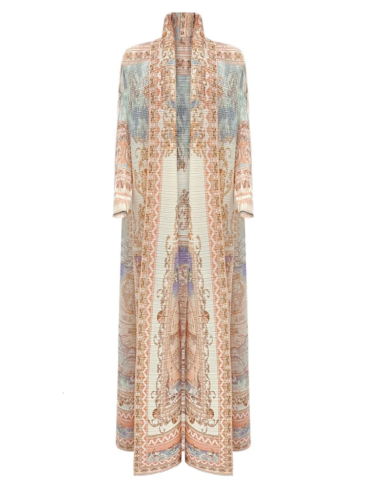 Miyake Pleated Vintage Printed Turndown Collar Long Sleeve Dress Women Dubai Style Plus Size Coats 240712