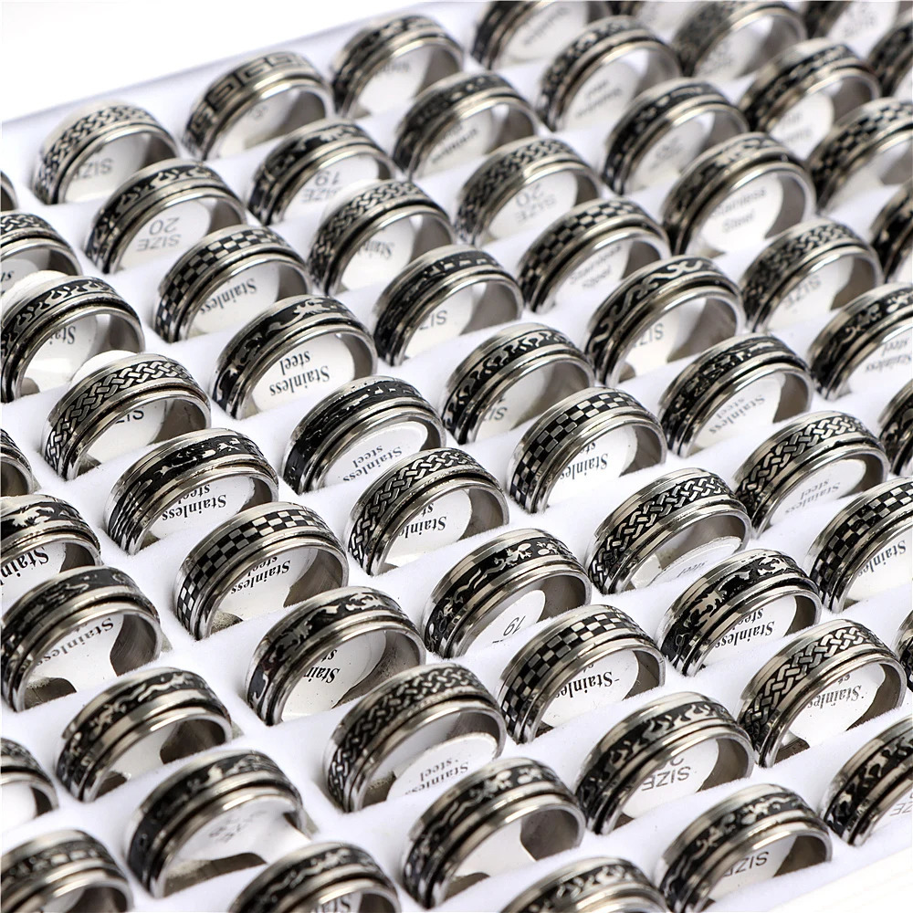 Wholesale 20/30/36/50/100 pieces/batch fashionable black drip oil stainless steel rotating ring jewelry 240710