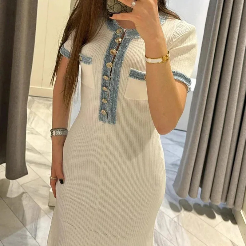 Knit Elegant Button Dress Women White Slim Short Contrast O-neck Long Dresses Female Summer Fashion Pocket Lady Vestidos 240715