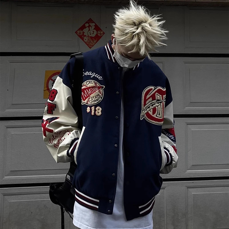 Korean College Mens Baseball Jacket Pattern Flocking Embroidered Patchwork Coat Punk Harajuku Motorcycle Outwear Y2k 240717