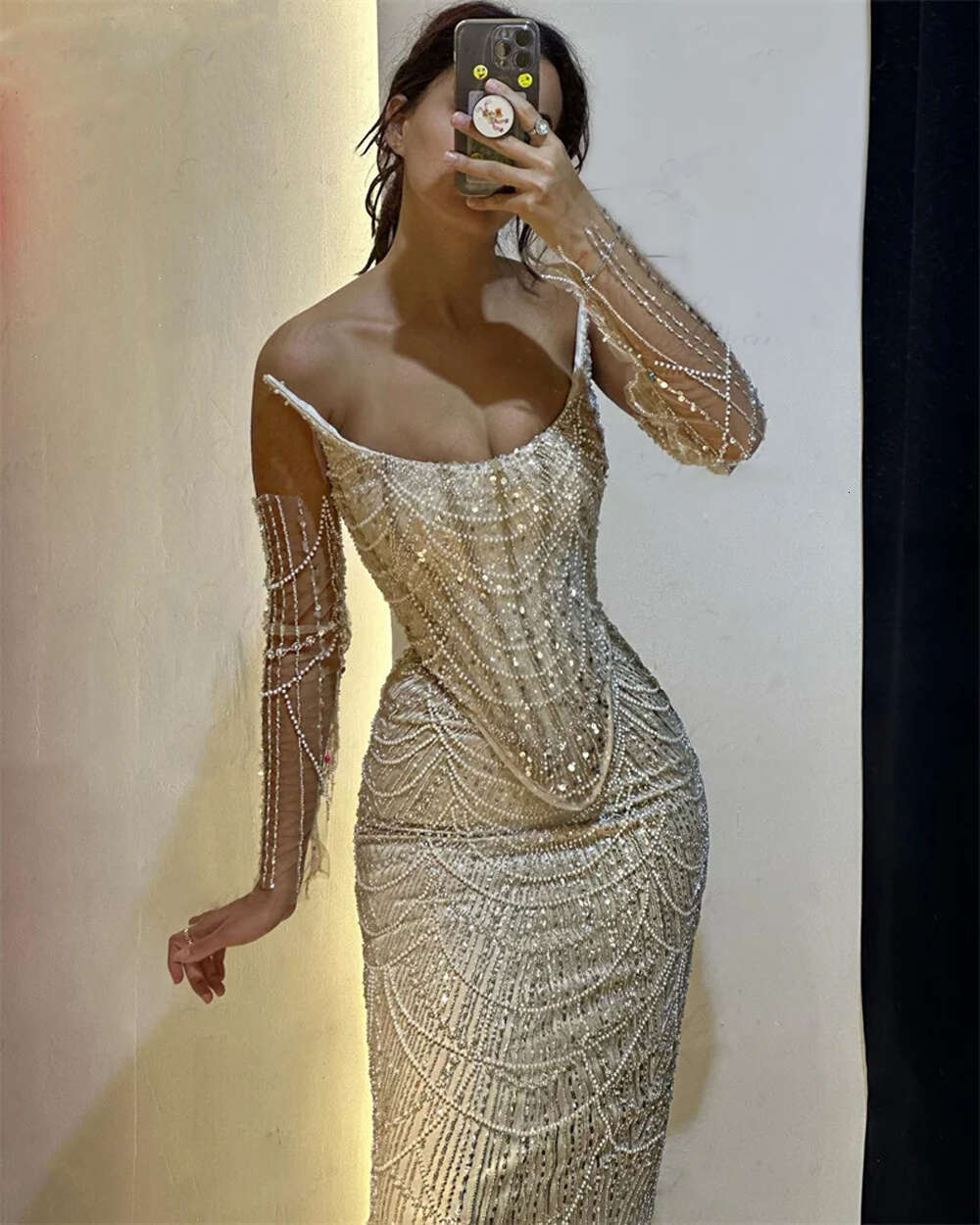 3 Pieces Suit Sequined Pearls Evening Dresses Mermaid Champagne Beaded Spaghetti Straps Formal Prom Party Gowns Vestidos
