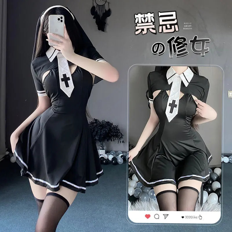 Sexy Lingerie Nun Cosplay Costumes Black Priest Outfit Halter Backless Temptation Dress Anime Adult Games Maid Flirt Sex Uniform 240717