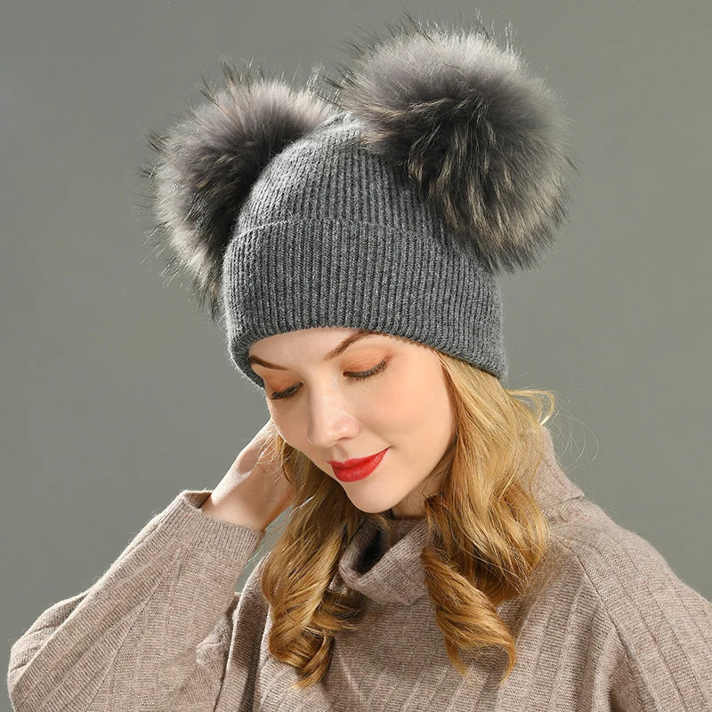 Double Real Fur Pom Hat Women Winter Caps Knitted Wool Hats Skullies Beanies Girls Female Natural Two Fur PomPom Beanie Hat 240717