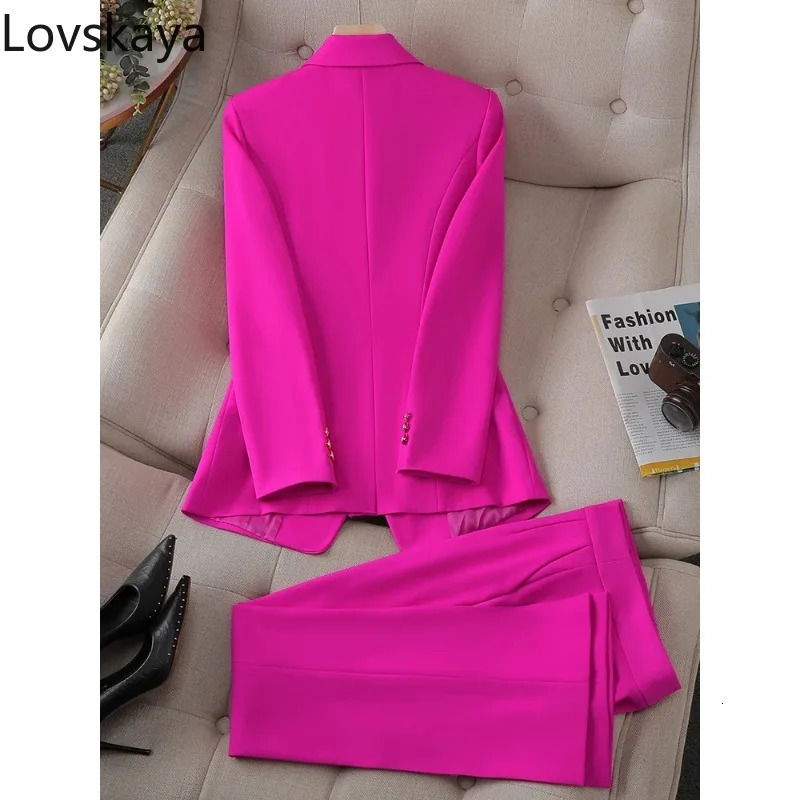 Button Decoration Formal Jacket Blazer And Trouser 2 Piece Set Fashion Pink Green Black Ladies Work Wear Pant Suit Women 240713