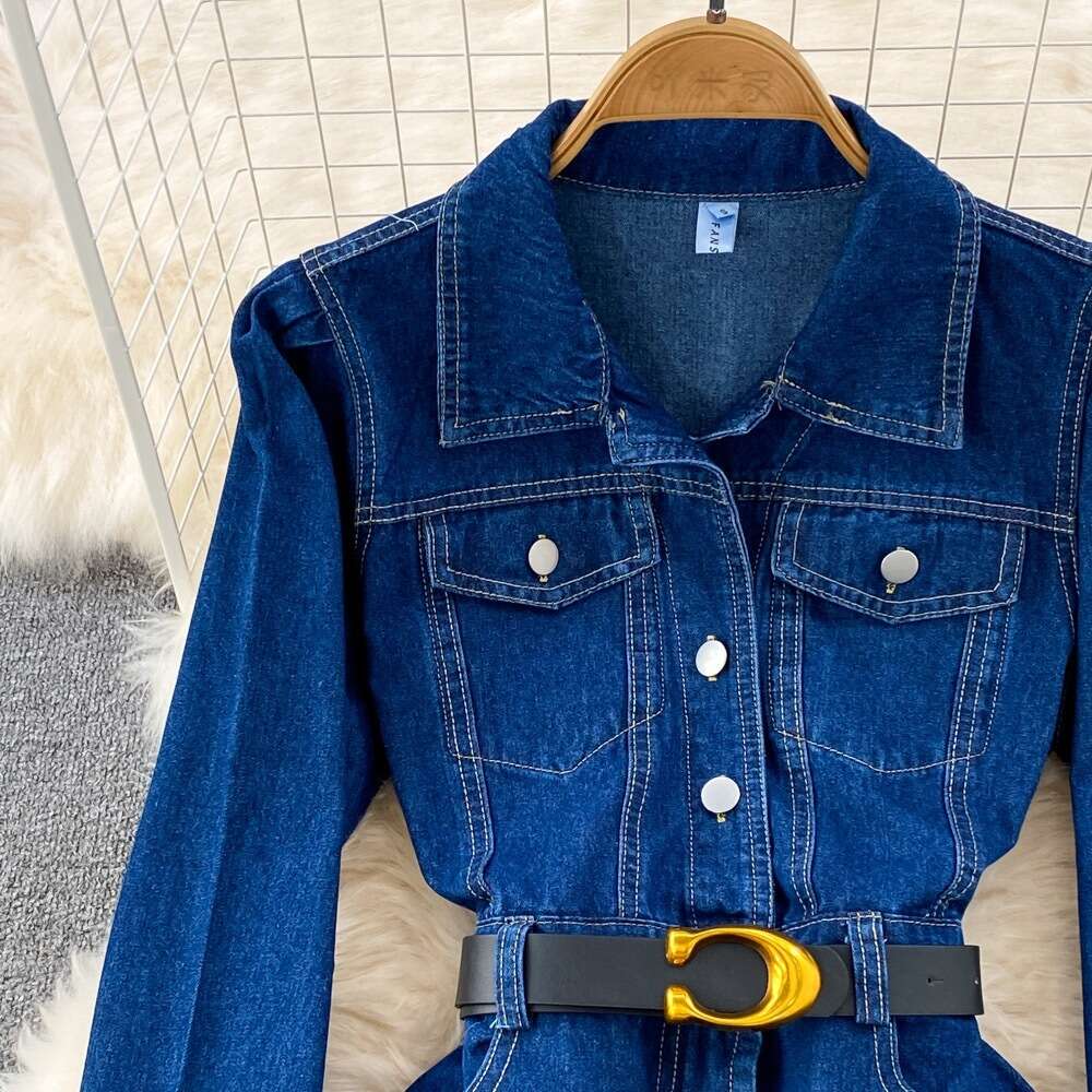 Cowboy Dress Autumn New Hong Kong Style Temperament Lapel Bubble Long Sleeved Waist Cinched A-line Slit Skirt Sexy Pregnant Womens Dress Denim Dress