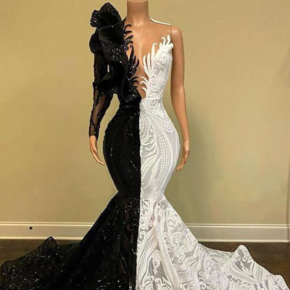 One Shoulder Mermaid Evening Dress For Women Sexy Deep V Neck Black White Contrast Color Lace Shiny Sequined Prom Gown Vestidos