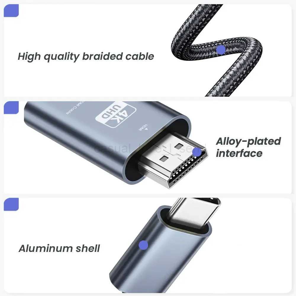 USB C to HDMI Cable 4K 60Hz Type C to HDTV Adapter Converter Cable for MacBook Pro Air Pixel iPad iPhone 15 Samsung Laptop 2mCL240719