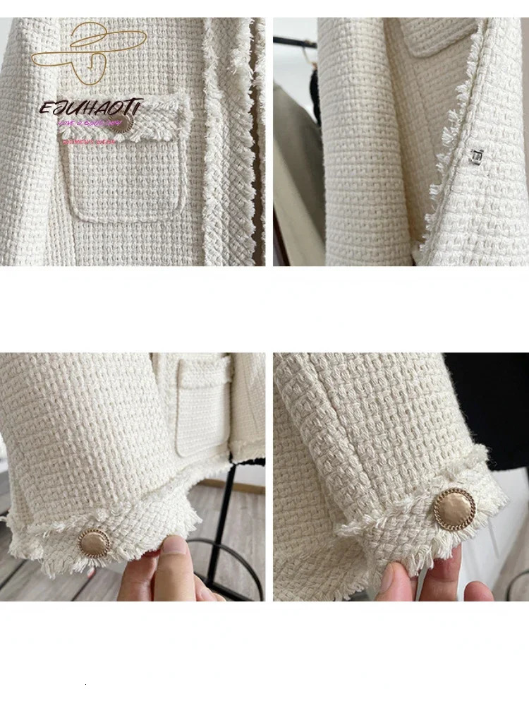 Womens Jacket Small Fragrance Coat In Autumn Winter Korean Fashion O-Neck Tweed Vintage Outerwear Loose All-match Tops 240712