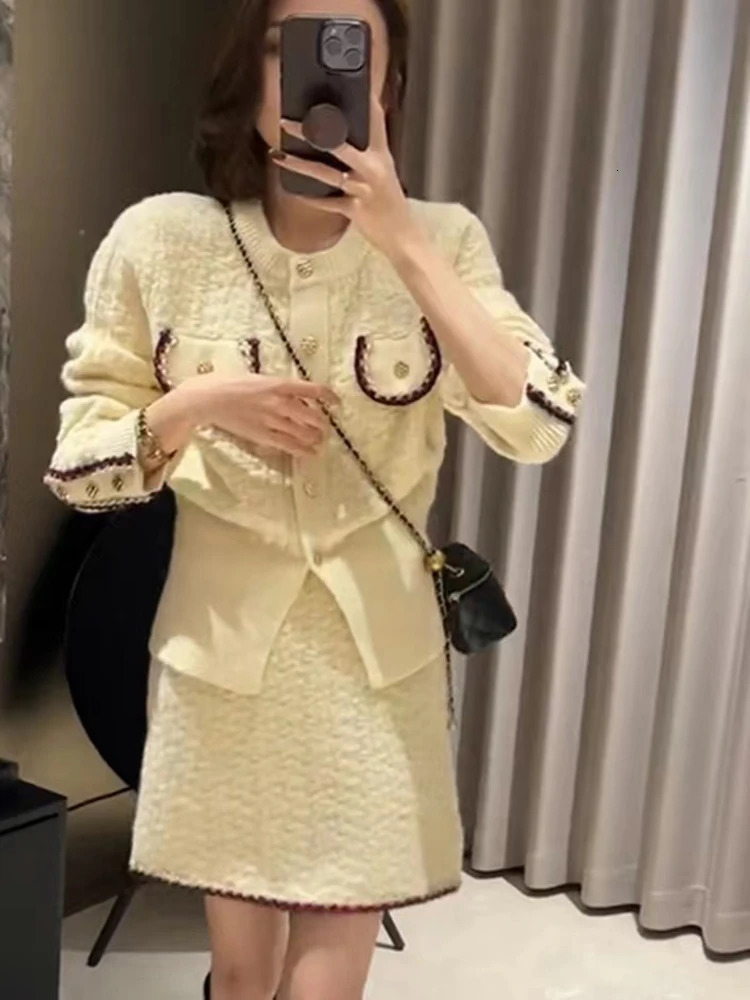 Autumn Winter Knitted Two Piece Sets Womens Office Lady Long Sleeve Cardigan Sweater High Waist Skirt Suit 240712