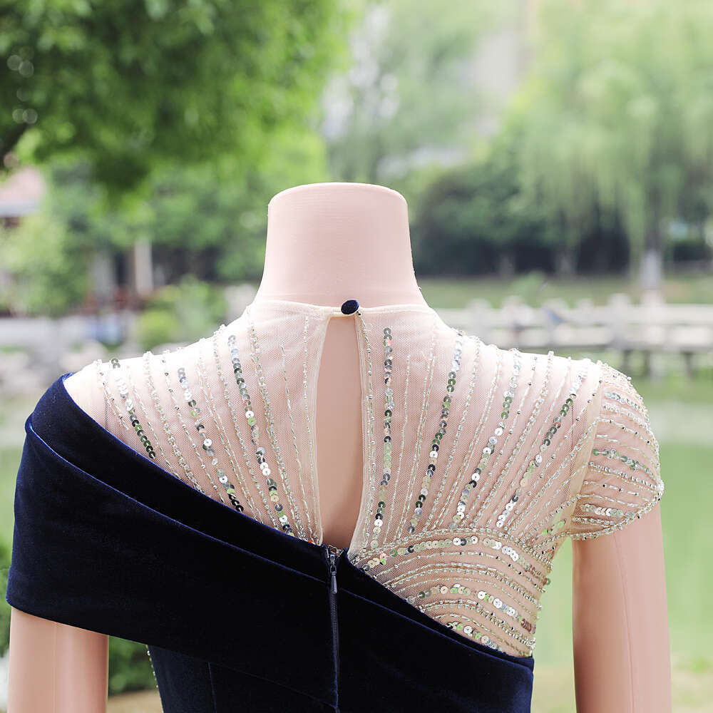 Women Glitter Sequined Beading Evening Dresses Navy Blue Veet Draped Formal Party Prom Gowns Red Velour Mermaid Robe De Soiree