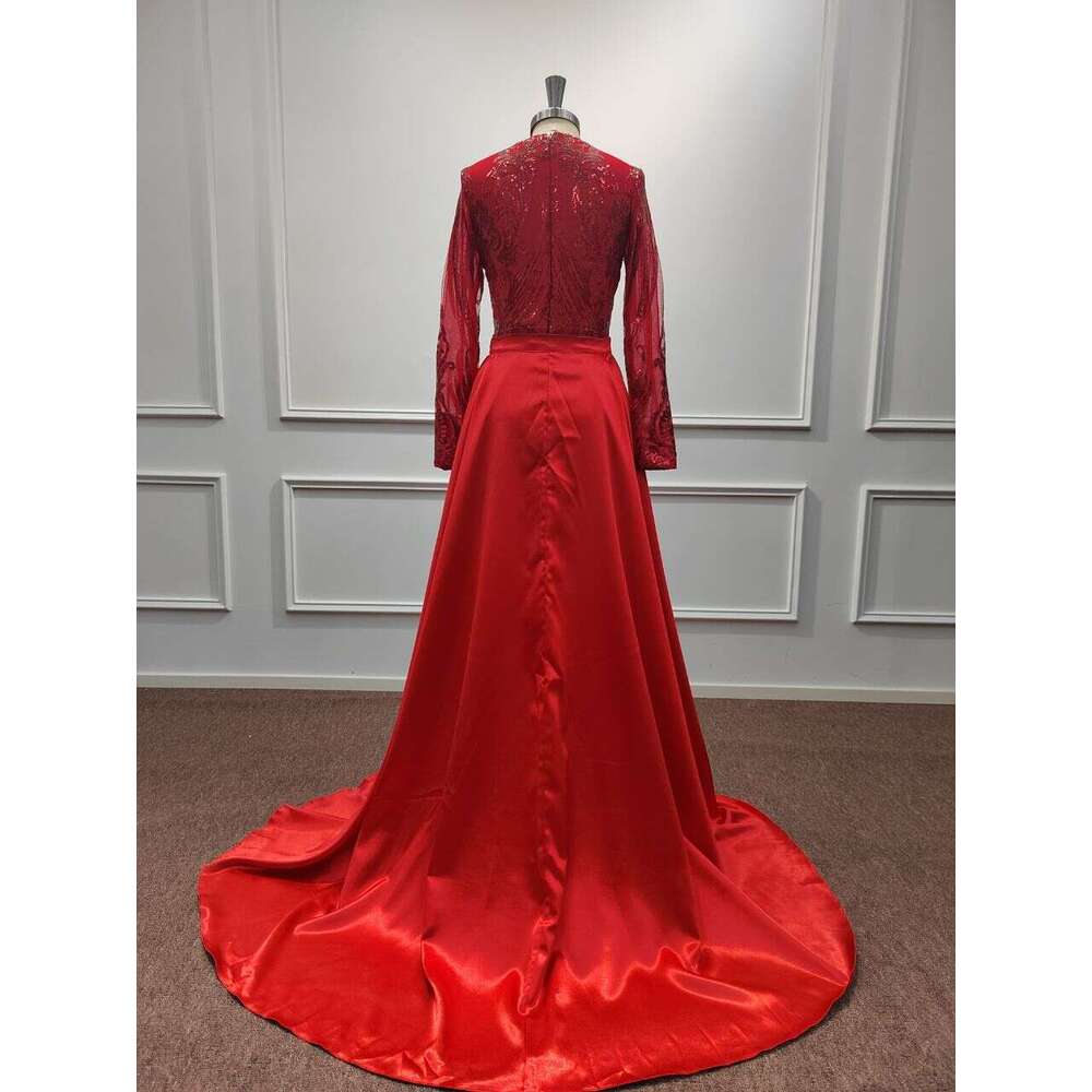 Red Sequined Evening Dresses Mermaid Long Sleeve Beading Detachable Satin Train Celebrity Formal Party Prom Gowns Vestido