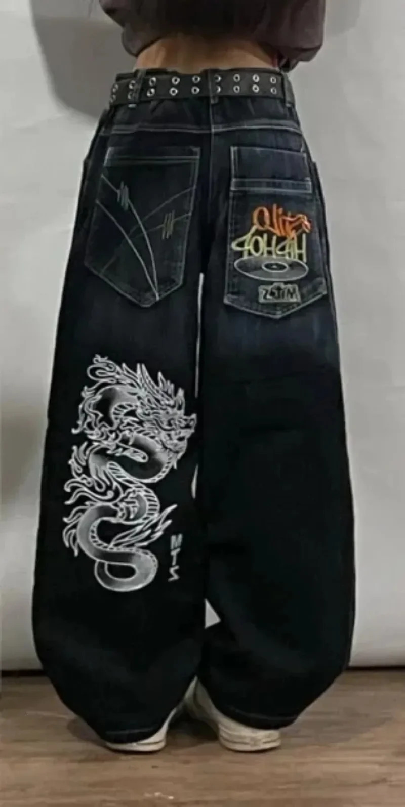 Harajuku Retro Hip Hop Print Baggy Jeans JNCO Jeans Y2K Womens Black Pants Gothic High Waisted Wide Trousers Streetwear 240716