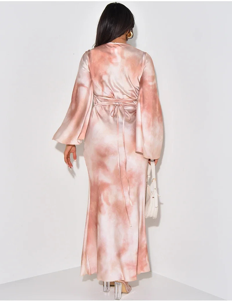 Elegant Satin Printed Bandage Maxi Party Dress Women Vintage O Neck Flare Sleeve Wedding Evening Birthday Long Printing Dress 240715