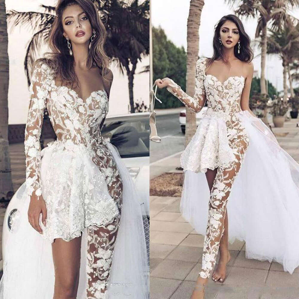 Jumpsuit Dresses Sheath Sweetheart Long Sleeves Tulle Lace Dubai Arabic Wedding Gown Bridal Dress Vestido De Noiva