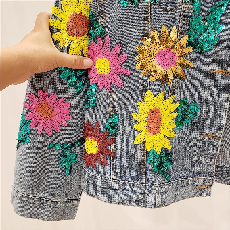 Fashion Sequins Sunflower Autumn Denim Woman Jacket Loose Blue Spring Jean Clothes Coats Womens Clothing Kurtka Jeansowa 240717