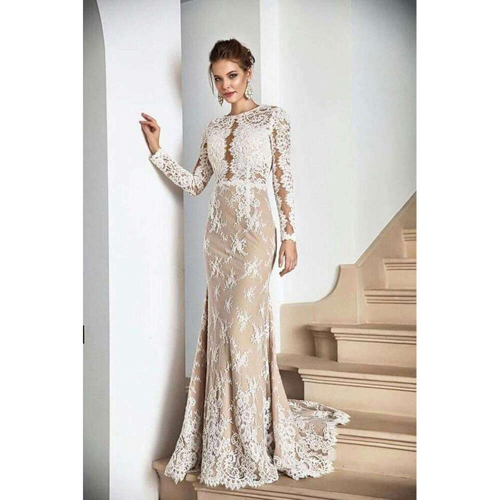 Elegant Mermaid Wedding Dresses O Neck Appliques Lace Long Sleeves Vestidos De Novia Custom Made White Champagne Bridal Gowns