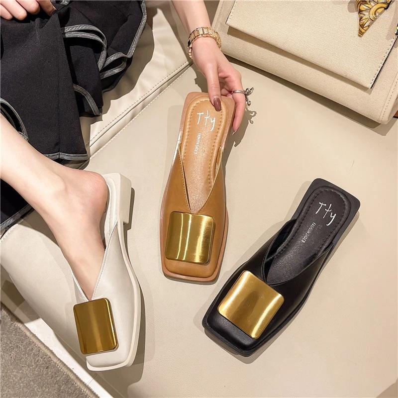 Slippers Brand Designer Women Fashion Metal Buckle Mules Flat Heels Square Toe Shallow Shoes Outdoor Slide Female Casual Sandal
