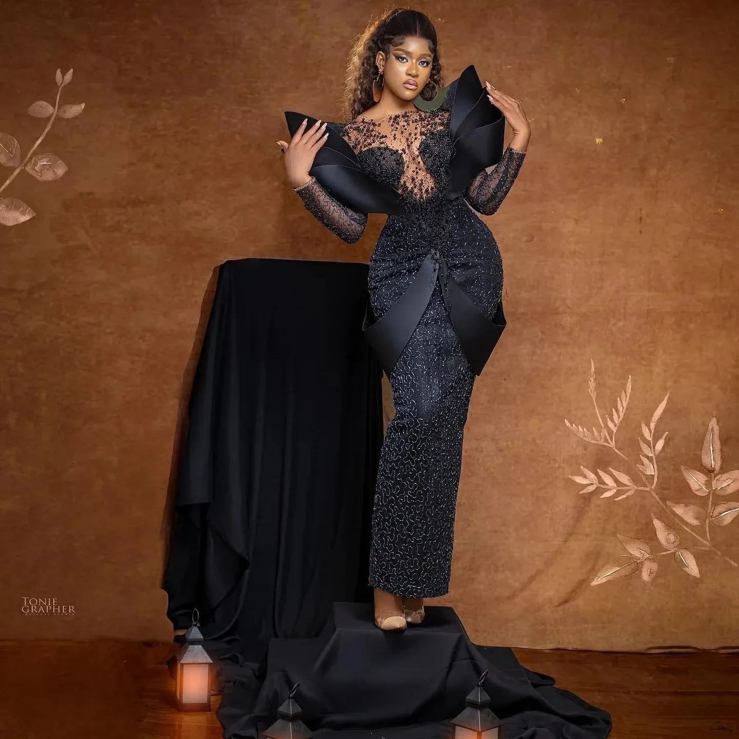 2025 African Formal Prom Dress Handmade Beading Pearls Aso Ebi Style Evening Dresses with 3D Sleeves Black Women Party Gowns