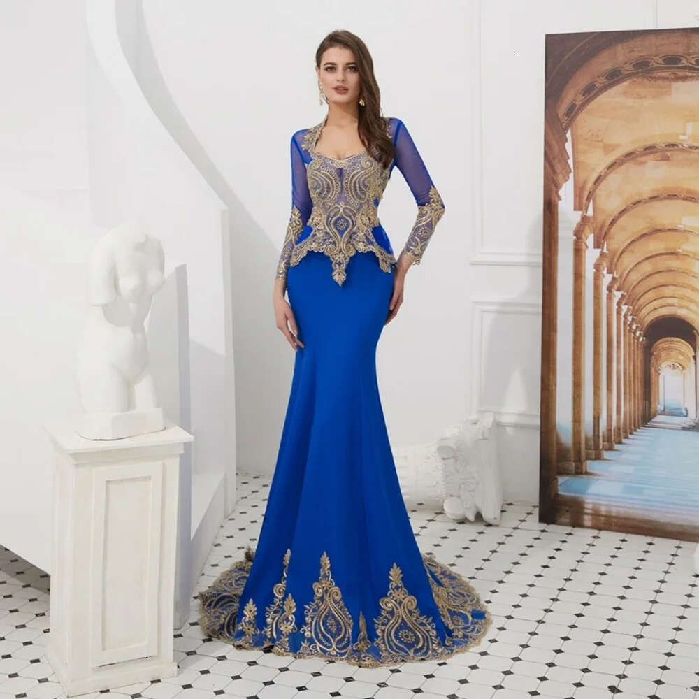 Royal Blue Embroidery Mermaid Evening Dresses For Women Muslim With Cape Long Sleeves Shawl Prom Party Gowns Robe De Soiree