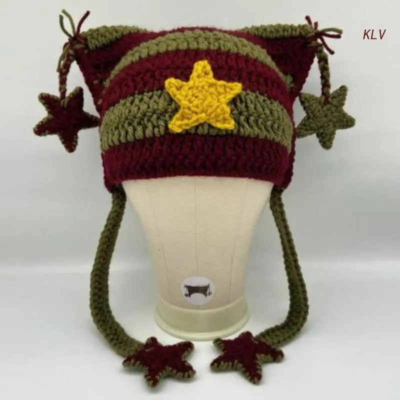 Color Matching Handmade Cat Ear Knitted Hat Fluffy Winter Warmer Knitted Hat Cold Winter Presents for Students Teenagers 240712