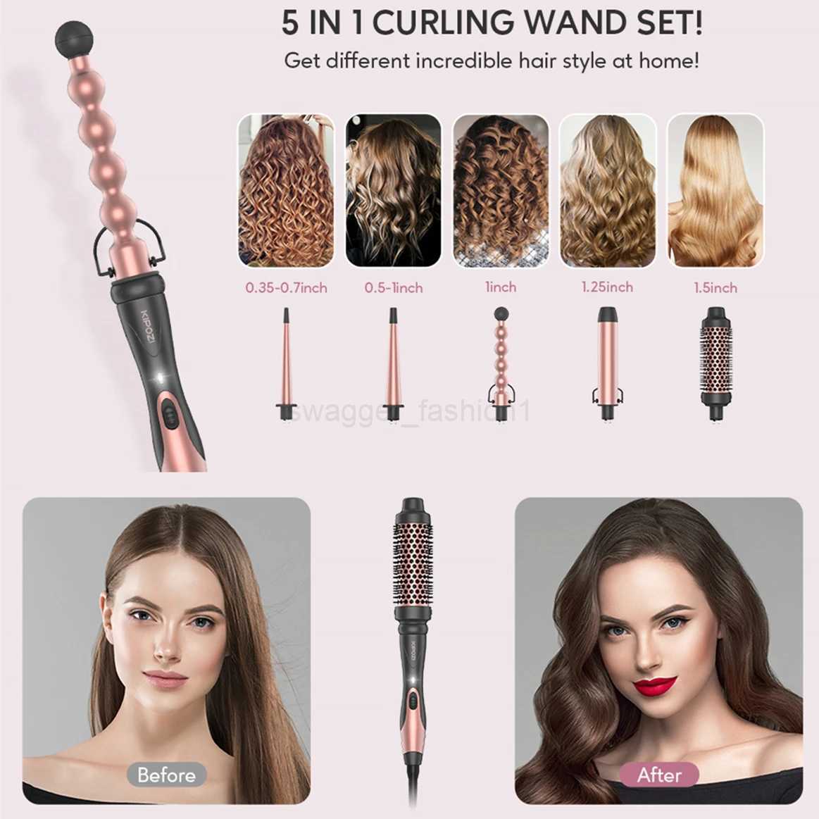 KIPOZI Professional Curling Iron 5-in-1 Hair Tools Instant Heating Electric Curling Iron Hot Air Brush Ceramic Barrels for WomanB240719
