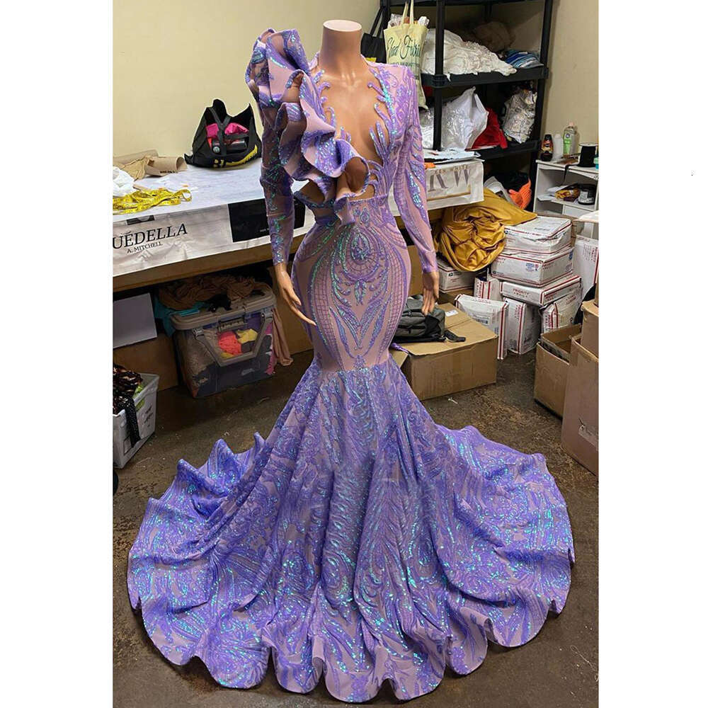 Long Sleeves Purple African Mermaid Women Evening Dress Lace Sequined Sexy Deep V Neck Prom Gown For Black Girls Formal Ocn