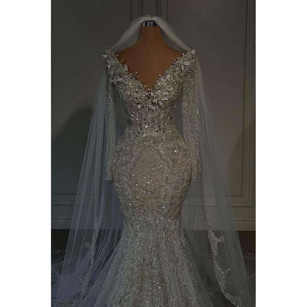 Mermaid Wedding Dresses Beaded Pearls Soft Tulle Sequined Crystal V Neck Bridal Formal Evening Prom Gown Vestido De Novia