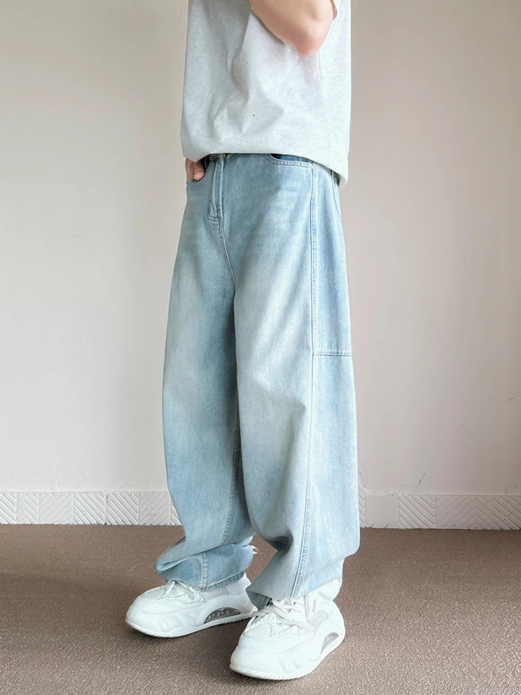 Korean Fashion Mens Baggy Jeans Light Blue High Street Straight Wide Trousers Personalized Washed Y2k Pants Male 240712