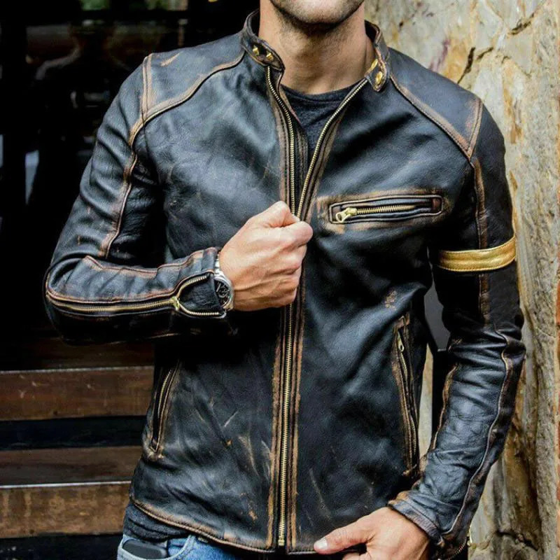 Autumn Motorcycle Leather Jacket Men Street Fashion Bomber Jackets Casual Stand Collar Coat Mens Retro Pu Biker Outwear 5Xl 240715