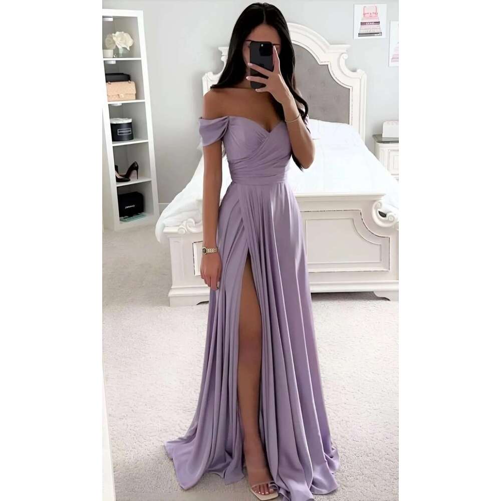 GDYBAO Women's Off The Shoulder Bridesmaid Dresses For Wedding With Slit Long Pleated Satin Prom Dress A-E Evening Gowns 0213