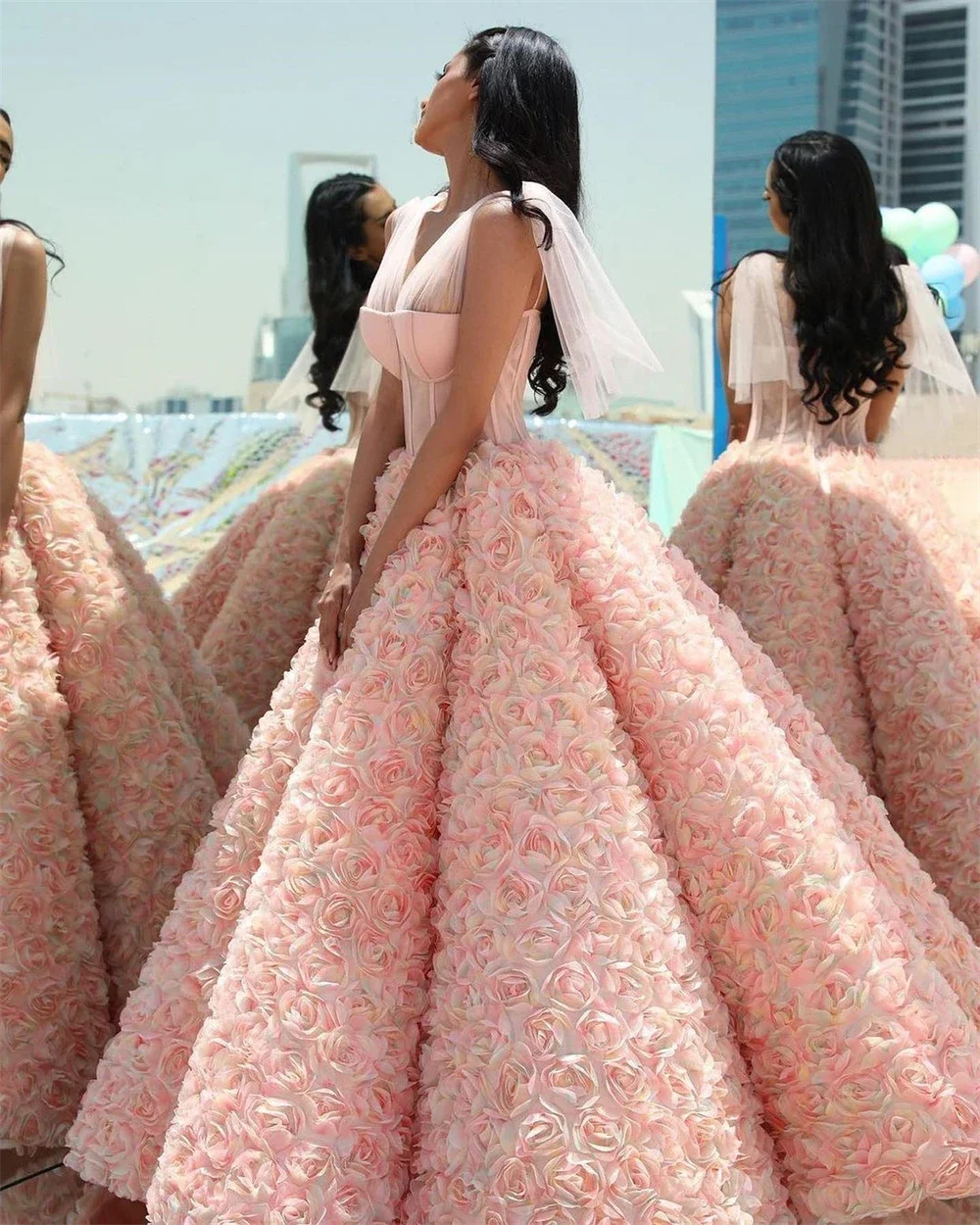 Illusion A e Evening Dresses V Neck Sleeveless Gown 3D ral Ruffles Sweep Train Prom Party Dress Custom Made