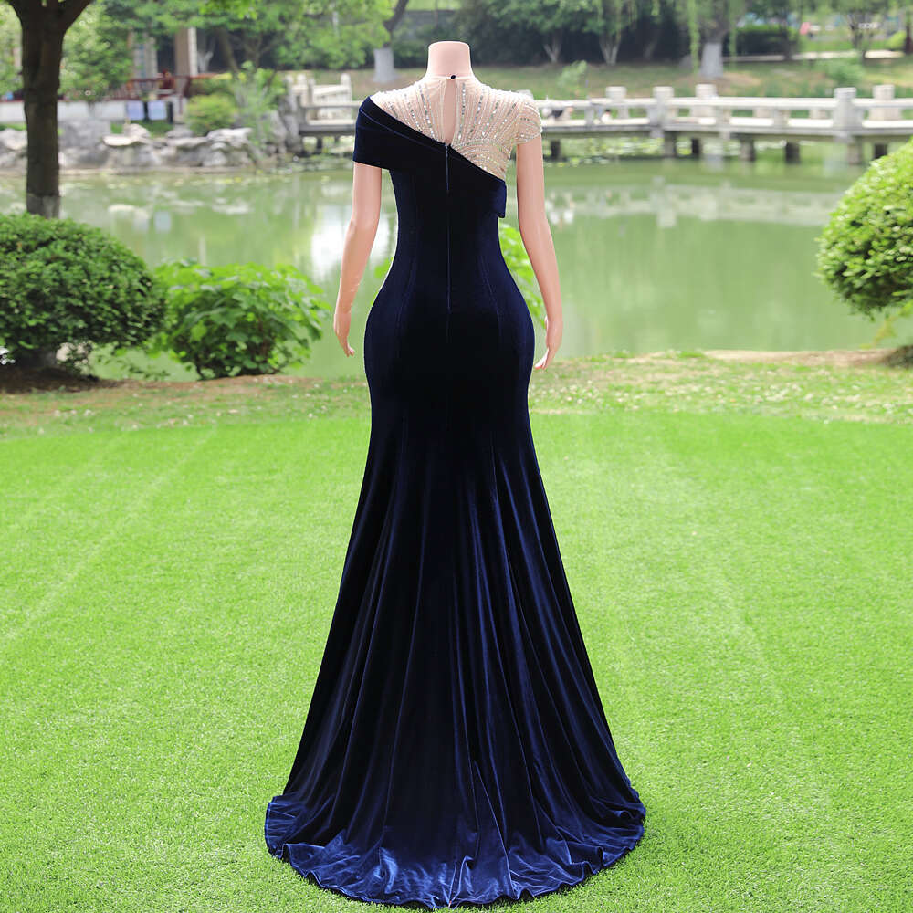 Women Glitter Sequined Beading Evening Dresses Navy Blue Veet Draped Formal Party Prom Gowns Red Velour Mermaid Robe De Soiree