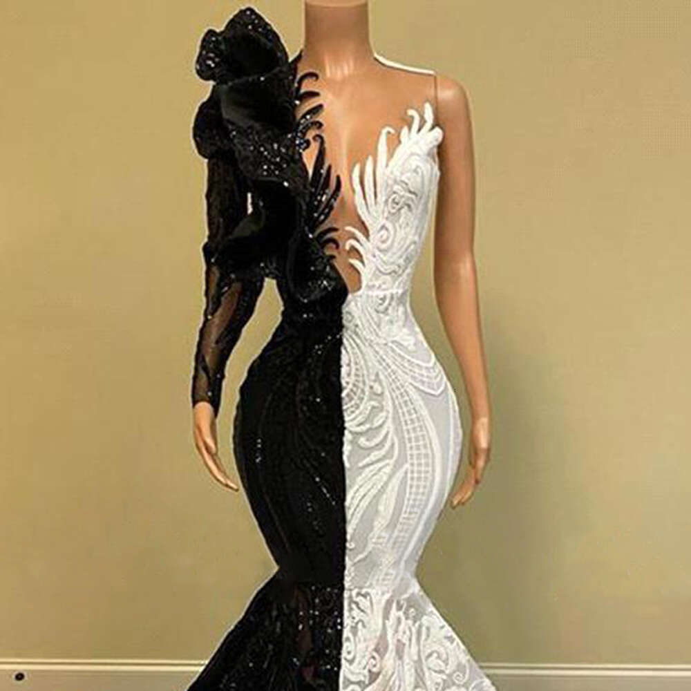 One Shoulder Mermaid Evening Dress For Women Sexy Deep V Neck Black White Contrast Color Lace Shiny Sequined Prom Gown Vestidos
