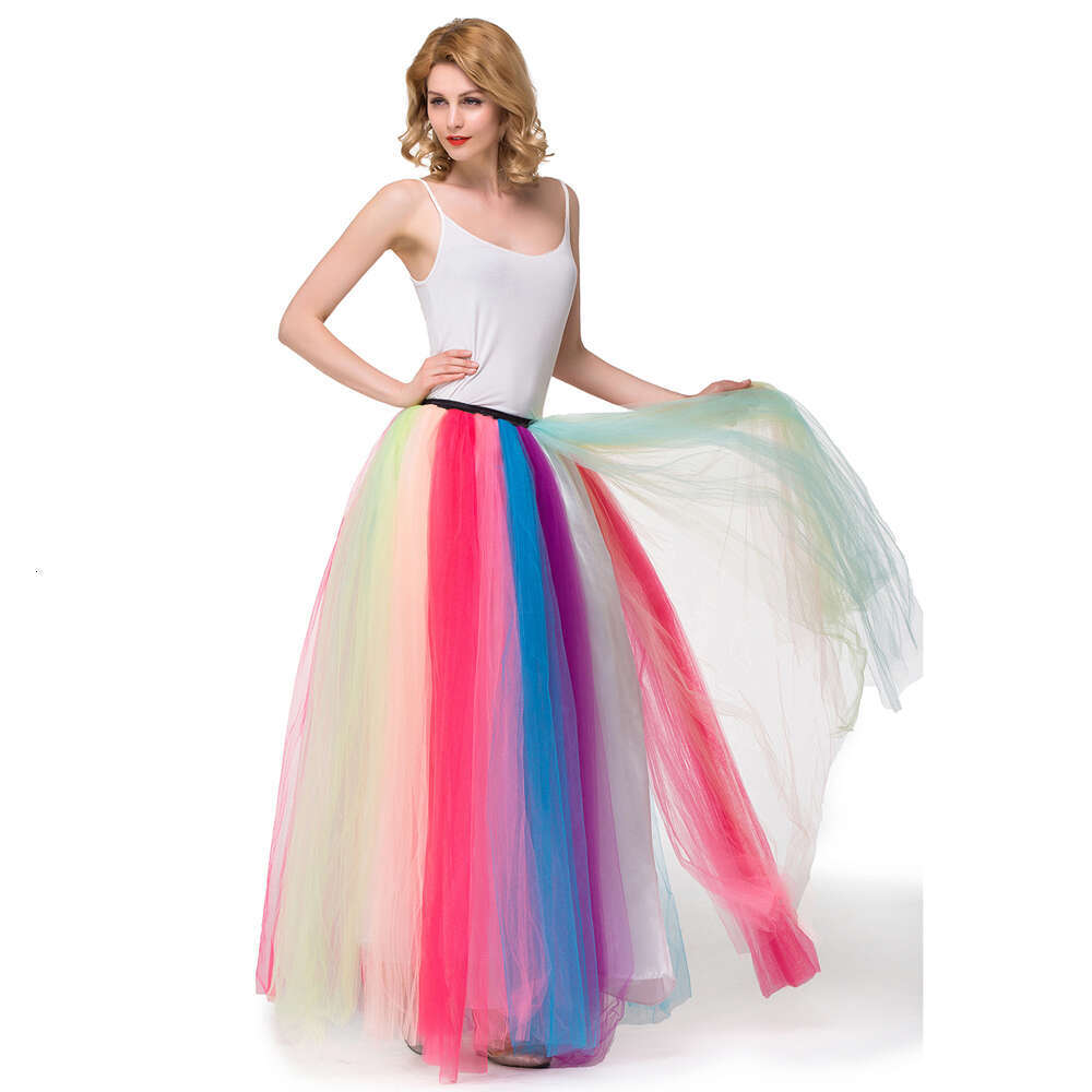 Popular Long Maxi Tutu Tulle Rainbow A Line Skirt For Women Elastic High Waist Party 6 Layers Prom Gown Colorful Beach Dress
