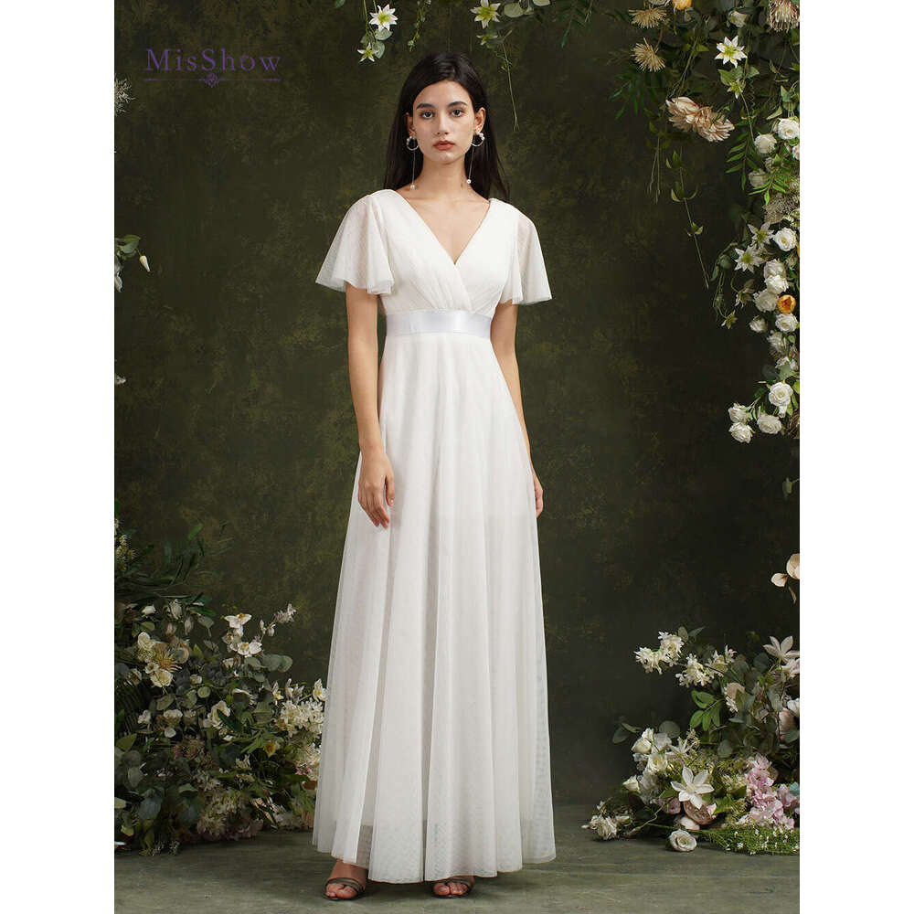 Simple Ivory Beach Dresses Women A-Line Puffer Short Sleeve V-Neck Tulle Backless Bridal Wedding Evening Party Gowns New