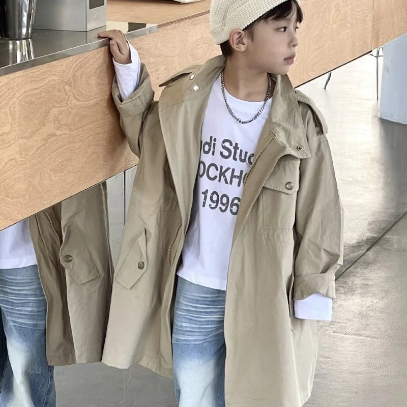Spring boys solid color Workwear style long style trench jackets children casual loose wind coats 240711